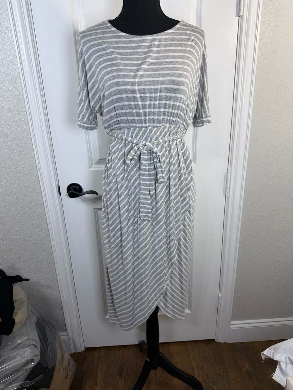 PinkBlush Grey Striped Tie Waist Tulip Hem Maternity Dress Size L